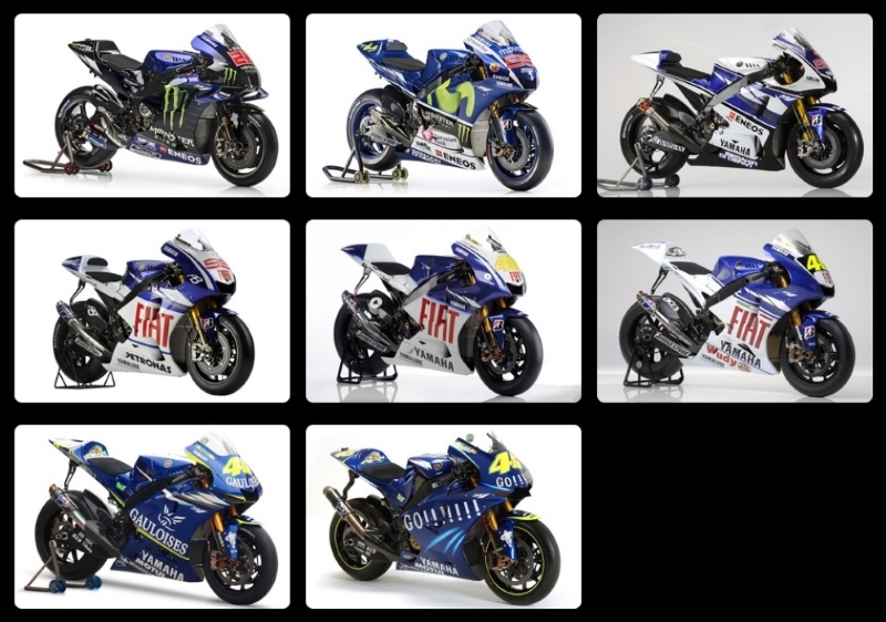 1. 2021 YAMAHA YZR-M1, 0WX1 (FABIO QUARTARARO, Monster Energy Yamaha MotoGP Team) 2. 2015 YAMAHA YZR-M1, 0WV0 (JORGE LORENZO, Movistar Yamaha MotoGP Team)) 3. 2012 YAMAHA YZR-M1, 0WT3 (JORGE LORENZO, Yamaha Factory Racing MotoGP Team) 4. 2010 YAMAHA YZR-M1, 0WS9 (JORGE LORENZO, Fiat Yamaha Team) 5. 2009 YAMAHA YZR-M1, 0WS8 (VALENTINO ROSSI, Fiat Yamaha Team) 6. 2008 YAMAHA YZR-M1, 0WS5 (VALENTINO ROSSI, Fiat Yamaha Team) 7.2005 YAMAHA YZR-M1, 0WP4 (VALENTINO ROSSI, Gauloises Yamaha Team)